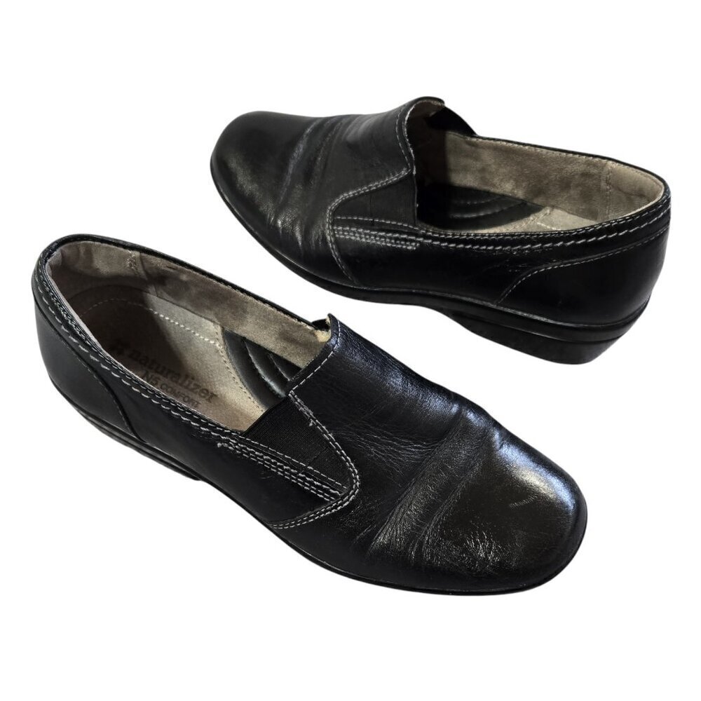 Naturalizer Winnie Black Leather Low Wedge Slip On Loafers N5 Comfort WIDE 7.5W
